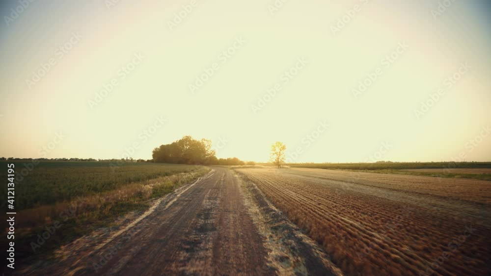 Dirt road at sunrise. The camera moves along a country road between fields. Rural landscape in the early morning. Summer evening over farmland. Path to sunset. Agriculture. 
