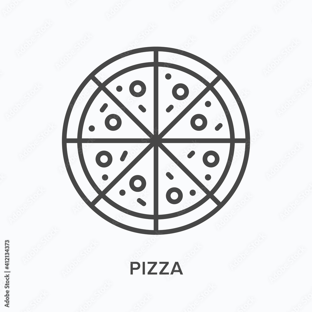 Pizza flat line icon. Vector outline illustration of sliced pepperoni. Black thin linear pictogram for italian food Pizza flat line icon. Vector outline illustration of sliced pepperoni. Black thin linear pictogram for italian food
