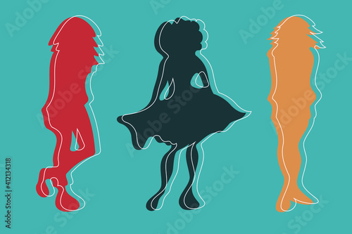 Abstract figures of females in flat and minimal style. Cartoon faceless characters in simple and colorful representation. Muted tones. Fictional fashion models posing in different clothes.  