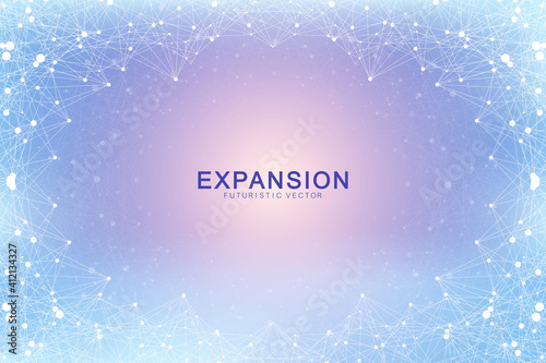 Expansion of life. Colorful explosion background with connected line and dots, wave flow. Visualization Quantum technology. Abstract graphic background explosion, motion burst, vector illustration