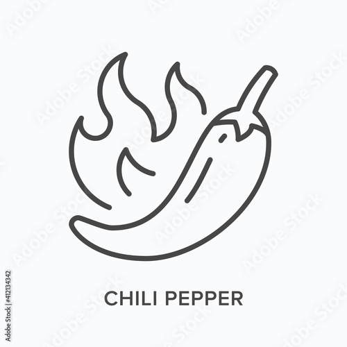 Chili pepper flat line icon. Vector outline illustration of hot jalapeno and fire. Black thin linear pictogram for mexican cooking spice