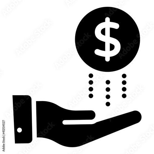 Dollar coin on hand, concept of giving money icon