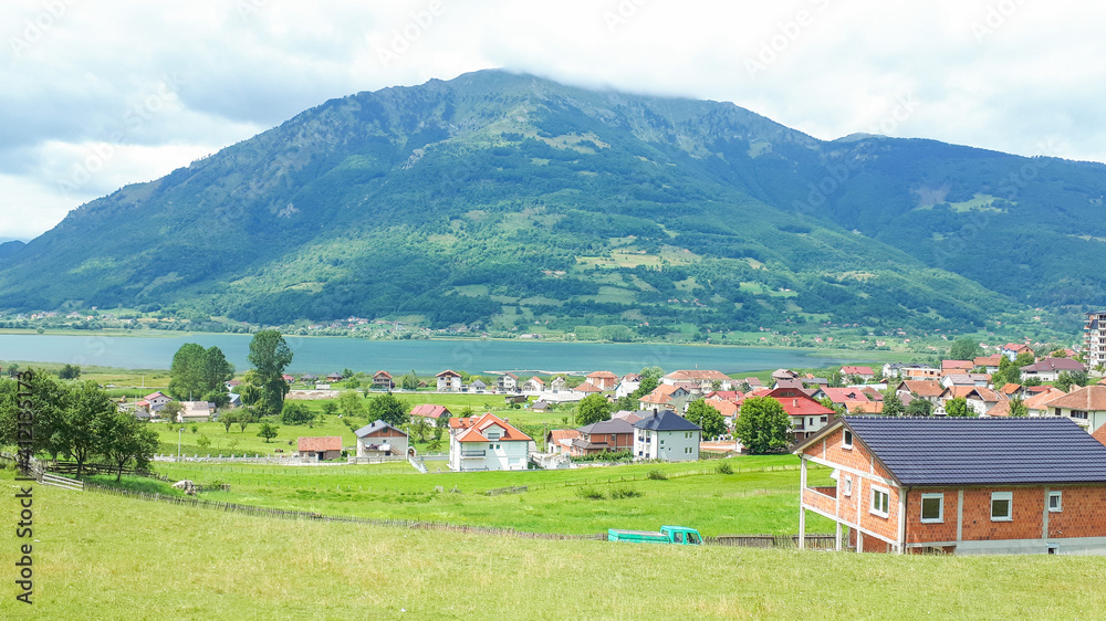 Mountain village at lake in Montenegro