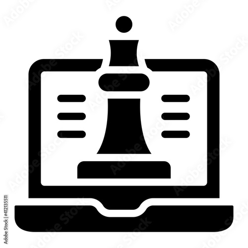 Chess piece inside laptop, online strategy icon