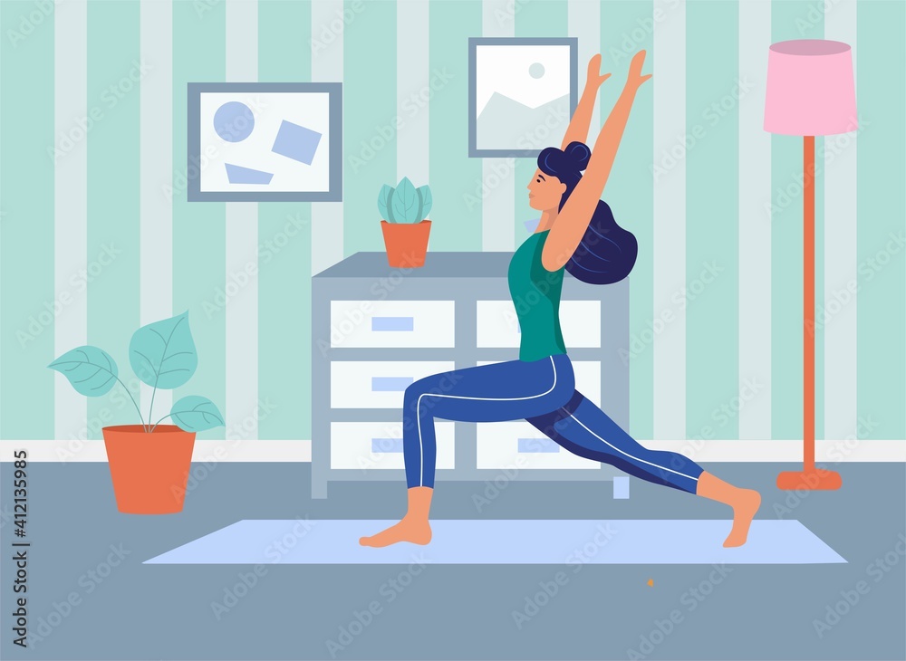 A young woman does yoga at home.The concept of daily life, everyday leisure and work activities. Flat cartoon vector illustration. A young woman does yoga at home.The concept of daily life, everyday leisure and work activities. Flat cartoon vector illustration.