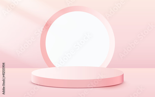 Abstract scene background. Cylinder podium on pink background. Product presentation, mock up, show cosmetic product, Podium, stage pedestal or platform.