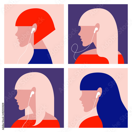 vector illustration of a girl listening to a podcast or music online on a pastel background. can be used as a web design element, icons, banners for music or podcast channels. colors can be changed.