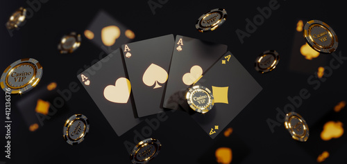 Casino chips and cards on black background. Casino game golden 3D chips. Online casino background banner or casino logo. Black and gold chips. Gambling concept, poker mobile app icon. 3D rendering. photo