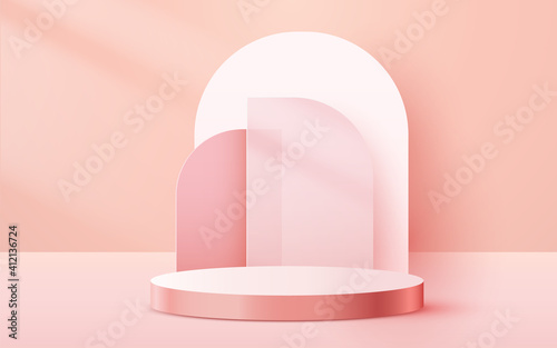Abstract scene background. Cylinder podium on pink background. Product presentation, mock up, show cosmetic product, Podium, stage pedestal or platform. photo