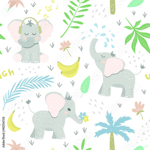 Seamless baby patter with elephants in the jungle. Happy animals among leaves  bananas and flowers. Great for baby product design