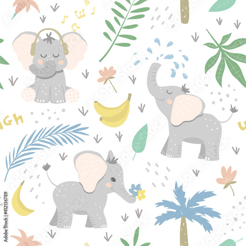 Photography Seamless baby patter with elephants in the jungle