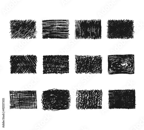 Set of rectangular grunge turn box frames. Vector isolated pencil scribbles. Rough chalk borders.