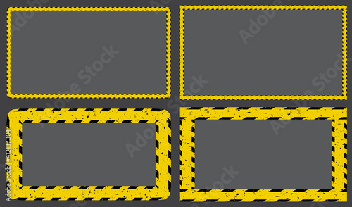 Construction tape yellow striped frame. Caution border line background set. Restricted zone sign template. Vector design.