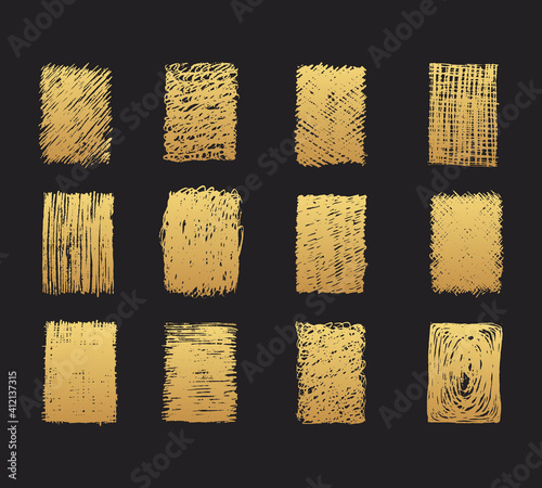Hand drawn golden pencil scribble rectangular frames. Gold coal edge background. Vector isolated hatch textures.