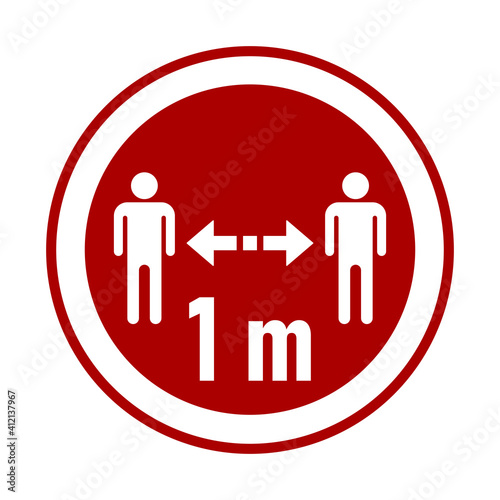 Keep Your Distance 1 m or 1 Metre Round Coronavirus Warning Sticker or Badge Icon. Vector Image.