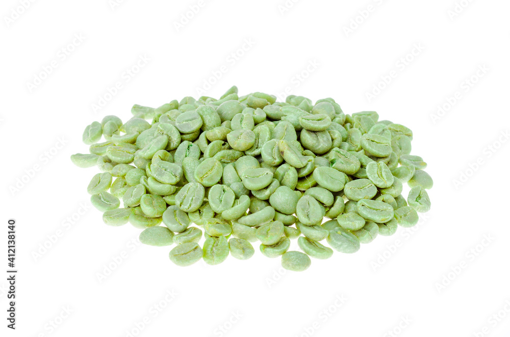 Green unroasted coffee beans on white background Green unroasted coffee beans on white background