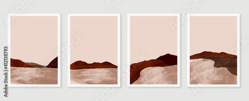 Mountain background wall art vector set. Sunrise and sunset with fog in mountains.  Earth tones landscapes abstract arts wallpaper design for wall framed prints, canvas prints, poster and home decor.