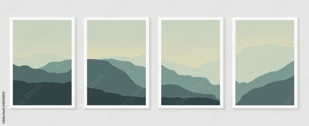 Mountain background wall art vector set. Sunrise and sunset with fog in mountains. Earth tones landscapes abstract arts wallpaper design for wall framed prints, canvas prints, poster and home decor. Mountain background wall art vector set. Sunrise and sunset with fog in mountains. Earth tones landscapes abstract arts wallpaper design for wall framed prints, canvas prints, poster and home decor.