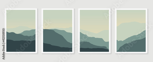 Mountain background wall art vector set. Sunrise and sunset with fog in mountains. Earth tones landscapes abstract arts wallpaper design for wall framed prints, canvas prints, poster and home decor.