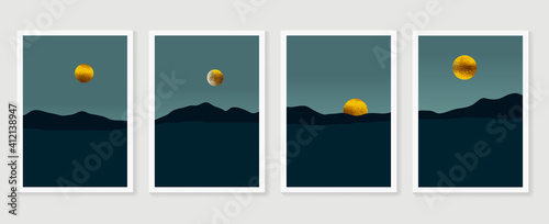 Mountain background wall art vector set. Sunrise and sunset with fog in mountains.  Earth tones landscapes abstract arts wallpaper design for wall framed prints, canvas prints, poster and home decor.