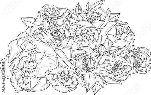 Realistic rose and peony flower bouquet with leafs sketch template. Cartoon vector illustration in black and white for games, background, pattern, decor. Coloring paper, page, story book, print