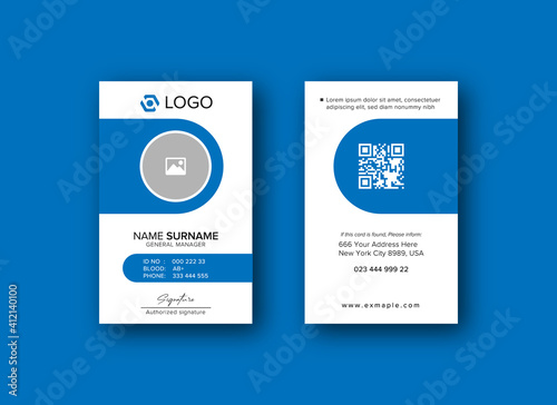 Modern ID Card Template with an author photo place | Office Id Card Layout blue and white Background | Employee Id Card for Your Business or Company