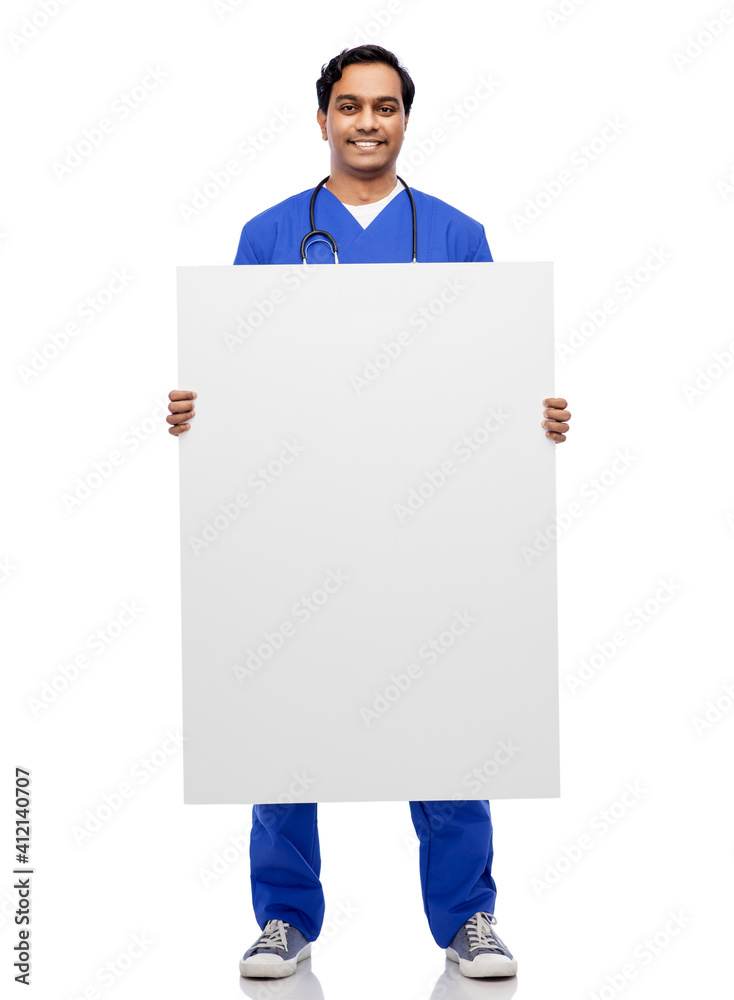 healthcare, profession and medicine concept - happy smiling indian male doctor or nurse in blue uniform with big board over white background healthcare, profession and medicine concept - happy smiling indian male doctor or nurse in blue uniform with big board over white background