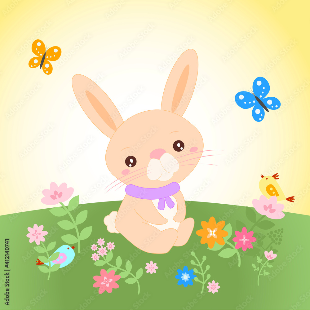 Funny design of cute Easter bunny among spring flowers Funny design of cute Easter bunny among spring flowers