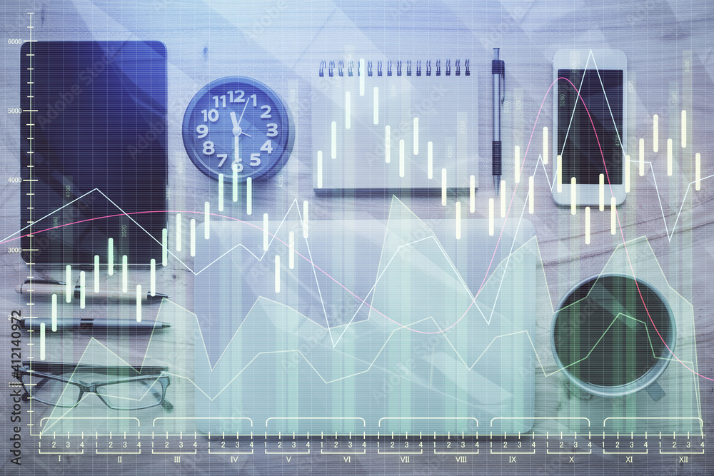 Double exposure of forex graph hologram over desktop with phone. Top view. Mobile trade platform concept.
