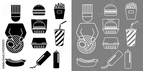Ensemble de pictogrammes noirs ou blancs sur le thème de la cuisine rapide avec un cuisinier français - grillade, hamburger, hot dog.