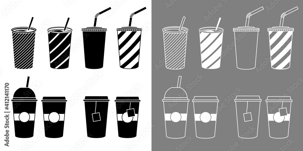 Ensemble de pictogrammes noirs ou blancs de gobelets avec leurs différentes utilisations.
