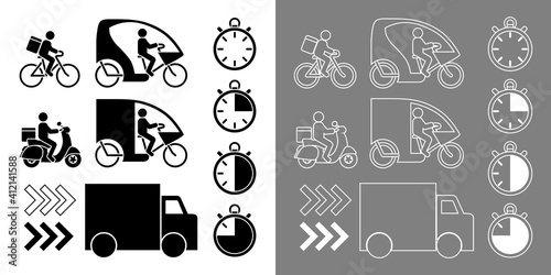 Ensemble de pictogrammes noirs ou blancs de différents moyens de transports et des chronomètres  indiquant la vitesse de livraison.
