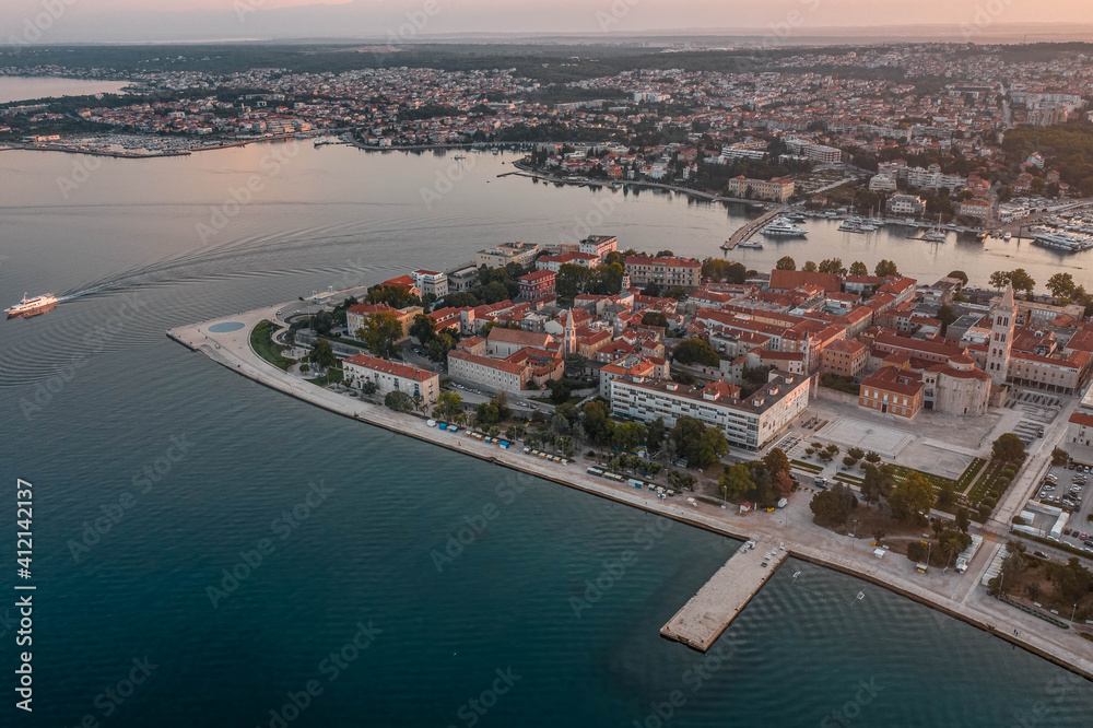 Aerial drone shot of Zadar old town during sunrise hour in Croatia Dalmatia area