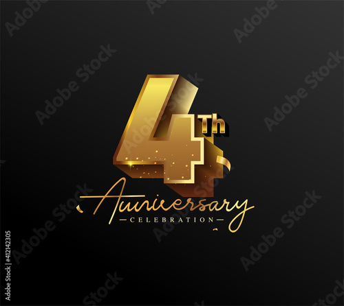 4th Anniversary Logotype with Gold Confetti Isolated on Black Background, Vector Design for Greeting Card and Invitation Card