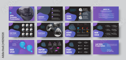 Presentation slides with purple abstract design on black background, brochure for annual report, business concept, vector infographics.