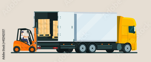 Forklift truck loading. Vector flat style illustration.