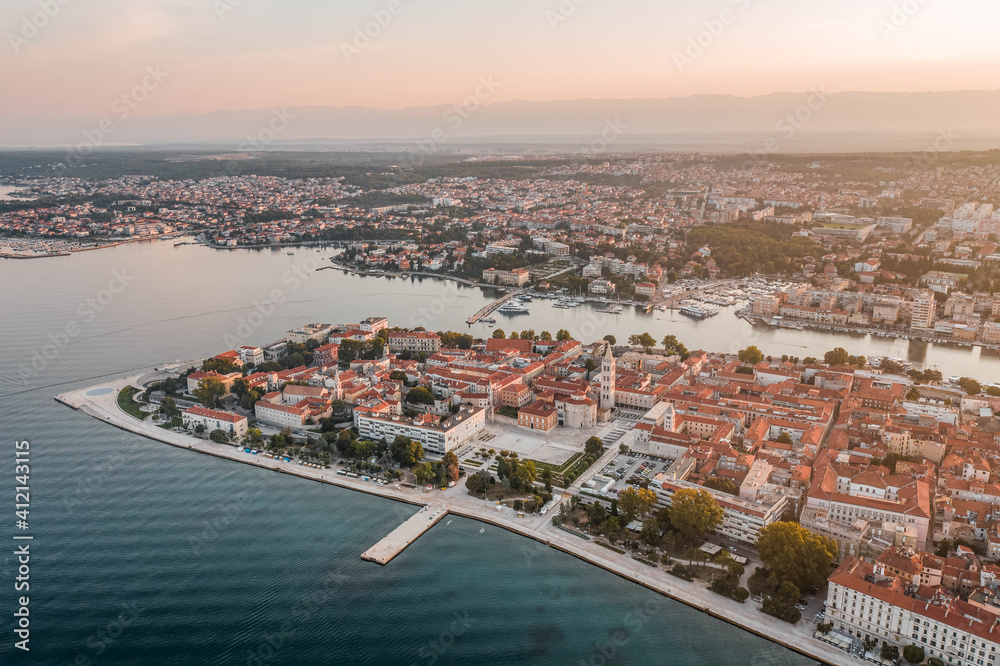 Aerial drone shot of Zadar Peninsula ocean view in sunrise hour in Croatia
