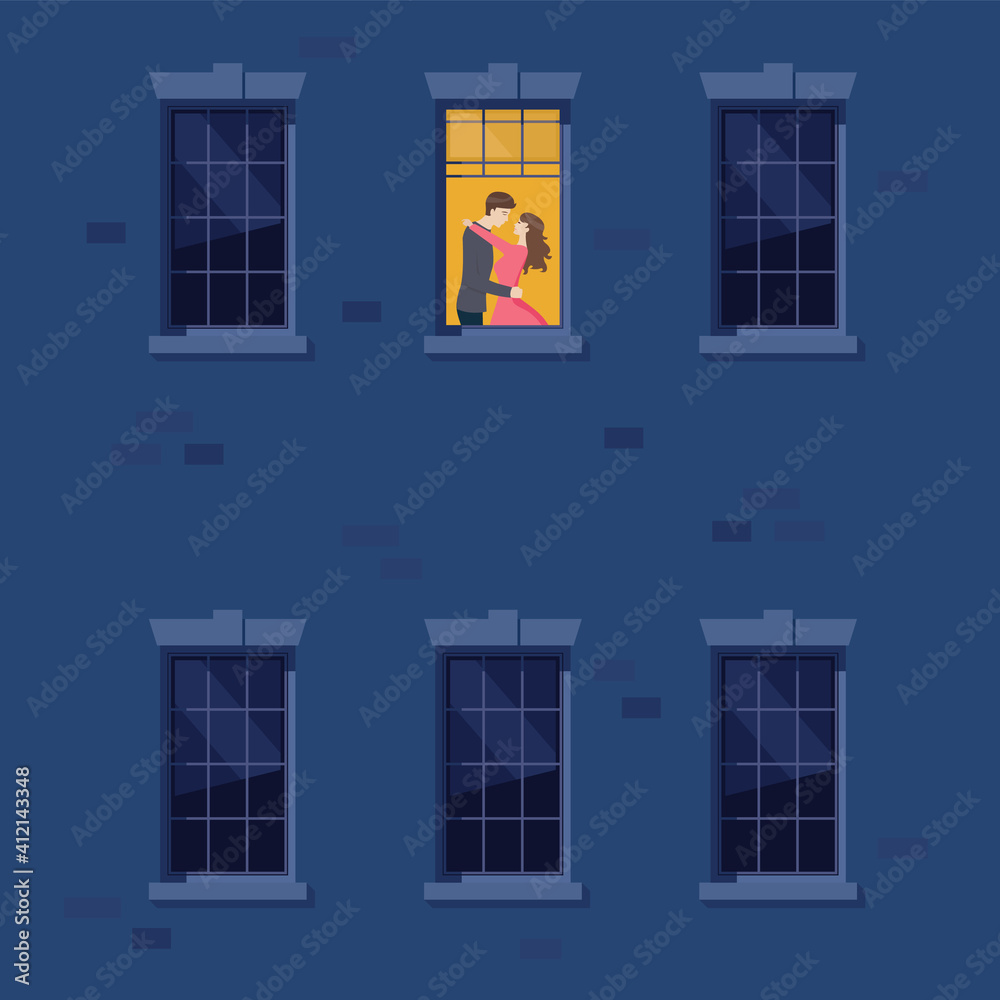 Apartment building with couple are kissing