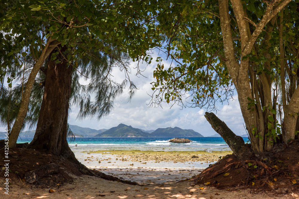 View of Praslin Island from the eastern side of La Digue in the Seychelles