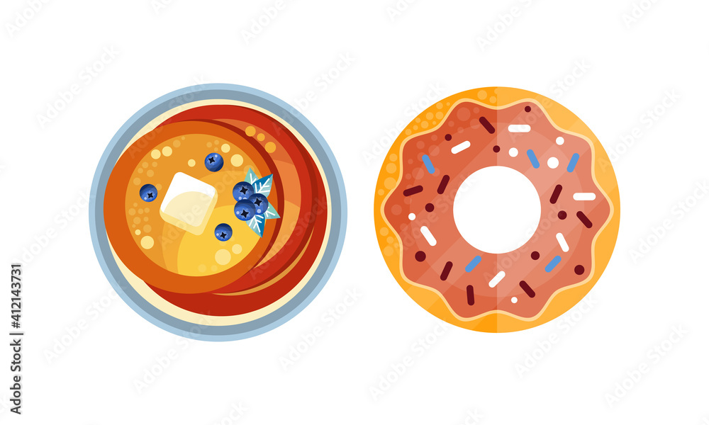 Obraz premium Stack of Pancakes and Glazed Donut Set, Appetizing Fresh Food for Breakfast or Lunch Flat Vector Illustration