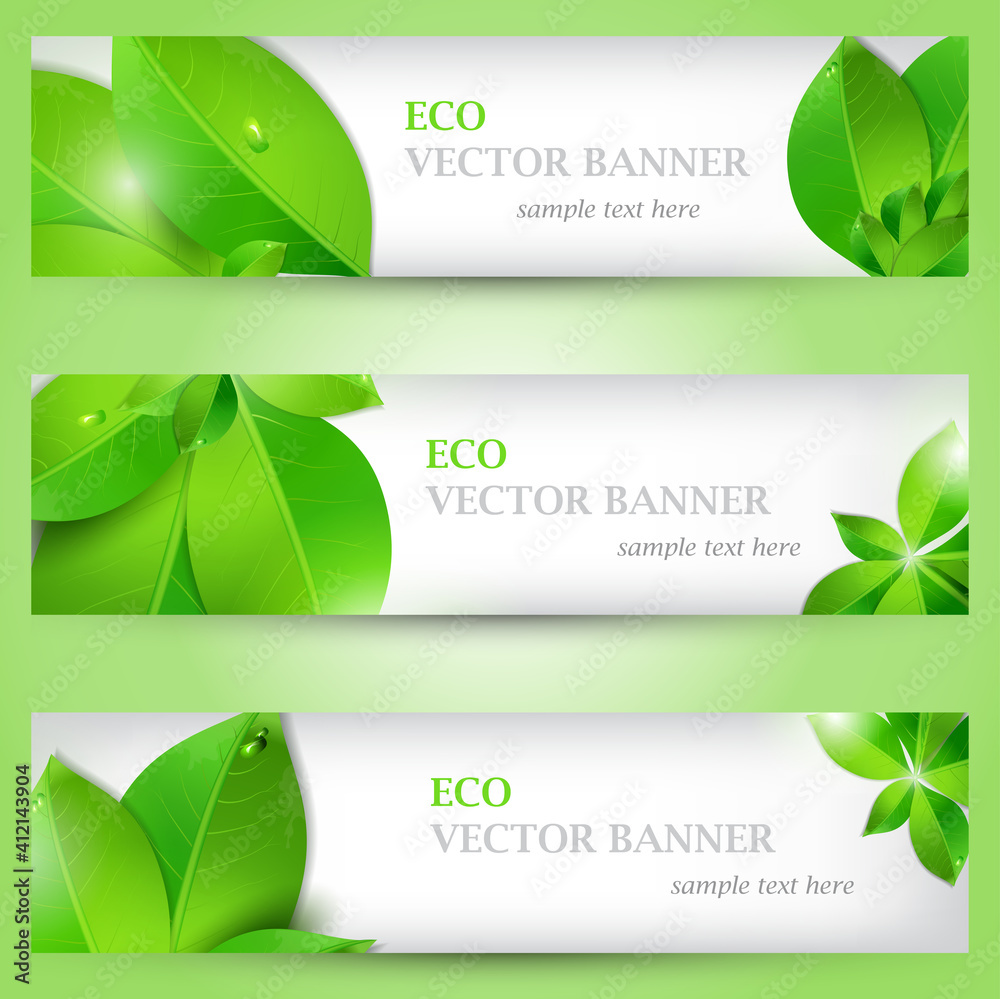 Set banner ecology illustration, colorful composition with green leaves