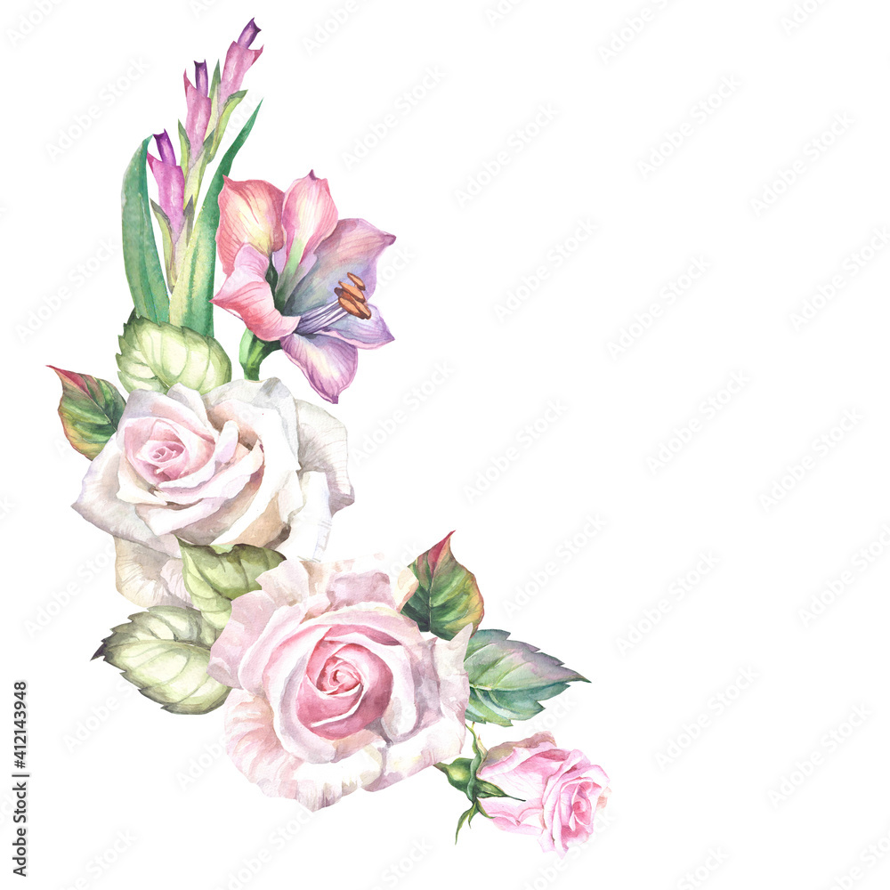  watercolor bouquet of roses on white