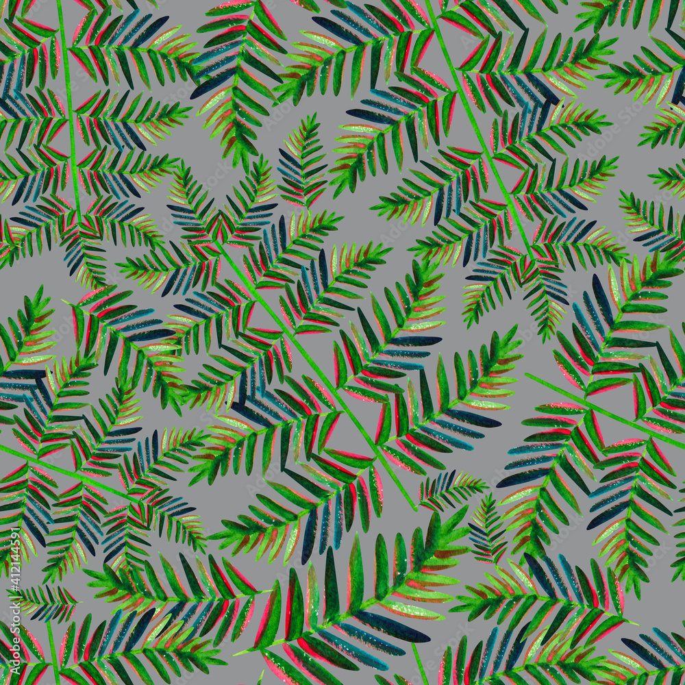 Nordic watercolor fern pattern on gray background 