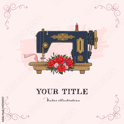 Vector hand drawn illustration of sewing machine and flowers
