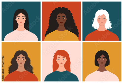 Women diversity concept. Portrait of female characters of different nationalities, races and cultures. Colorful avatars, various faces. Isolated vector set. Caucasian, african, asian, latina women