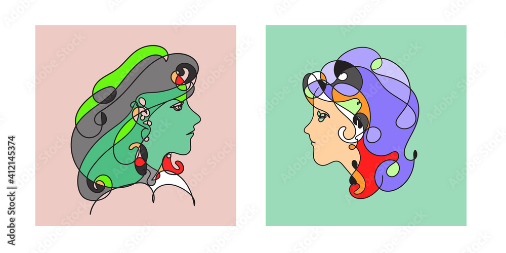 Fototapeta premium Colorful Woman portrait continuous line art drawing in psychedelic abstract surreal style.