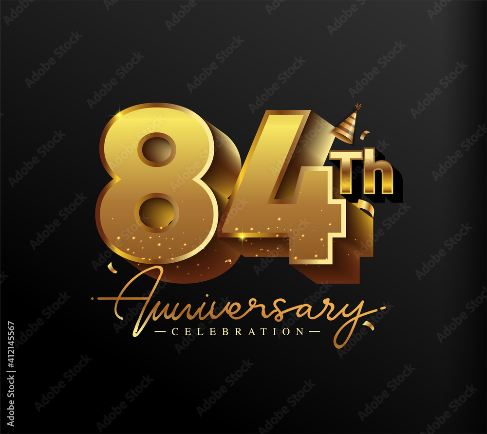 Obraz premium 84th Anniversary Logotype with Gold Confetti Isolated on Black Background, Vector Design for Greeting Card and Invitation Card