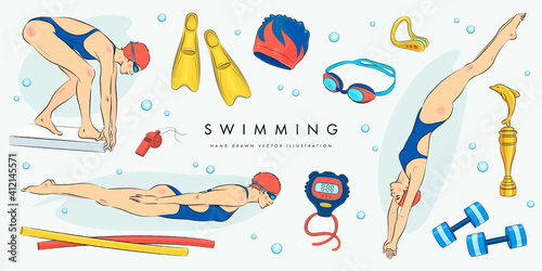 Set of women in swimwear in various poses. Jumping into the water and swimming in the pool. 
Swimming pool elements. Vector illustration