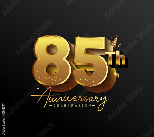 85th Anniversary Logotype with Gold Confetti Isolated on Black Background, Vector Design for Greeting Card and Invitation Card