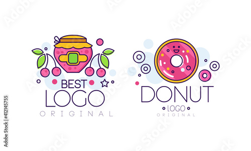 Sweet Dessert Logo Design Set, Jam Jar and Glazed Donut Tasty Food Labels for Bakery, Candy Shop, Cafe Design Cartoon Style Vector Illustration
